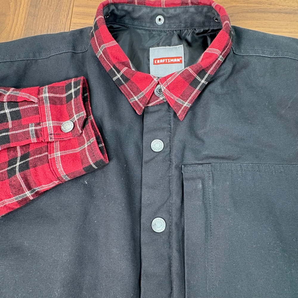 Craftsman Mens XL Red Black Plaid Quilted Lined Snap Front Shirt Jacket‎ Shacket